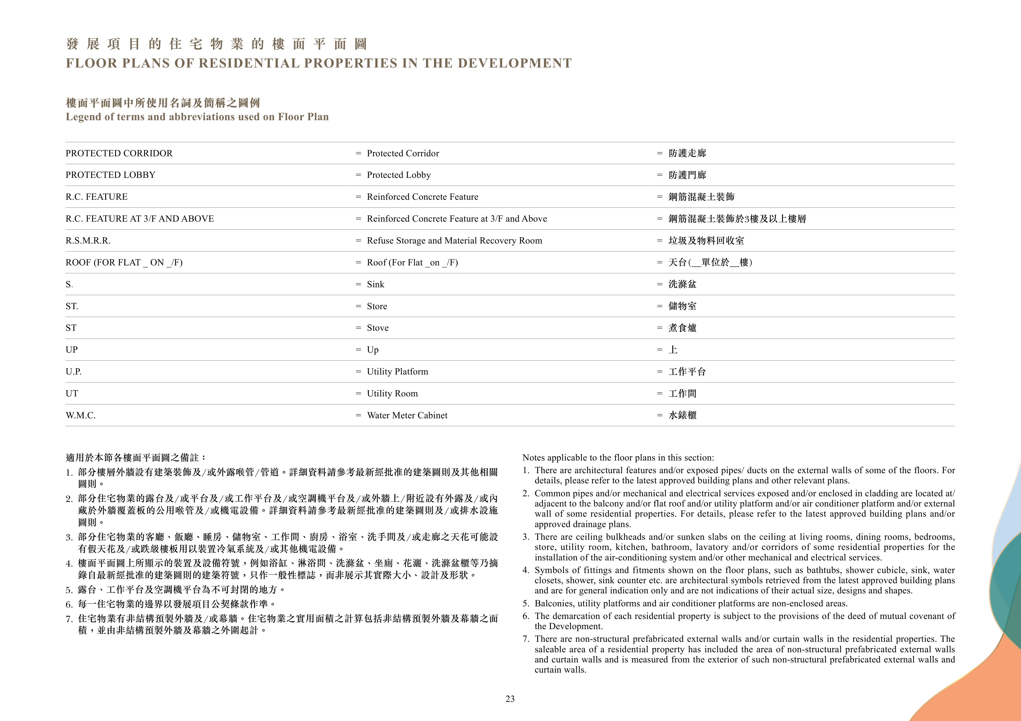 朗天峰 適用於本節各樓面平面圖之備註:（放大）